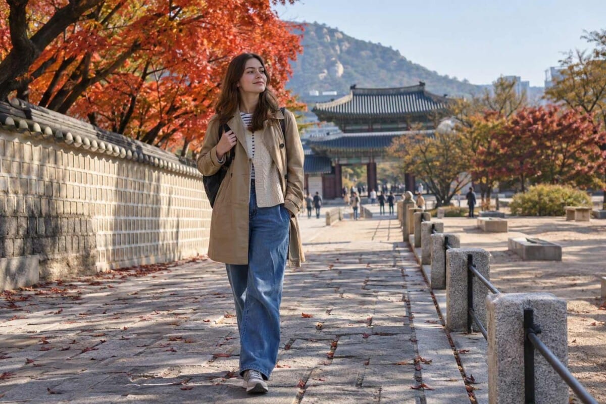 Traveler wearing layered October clothing in Seoul