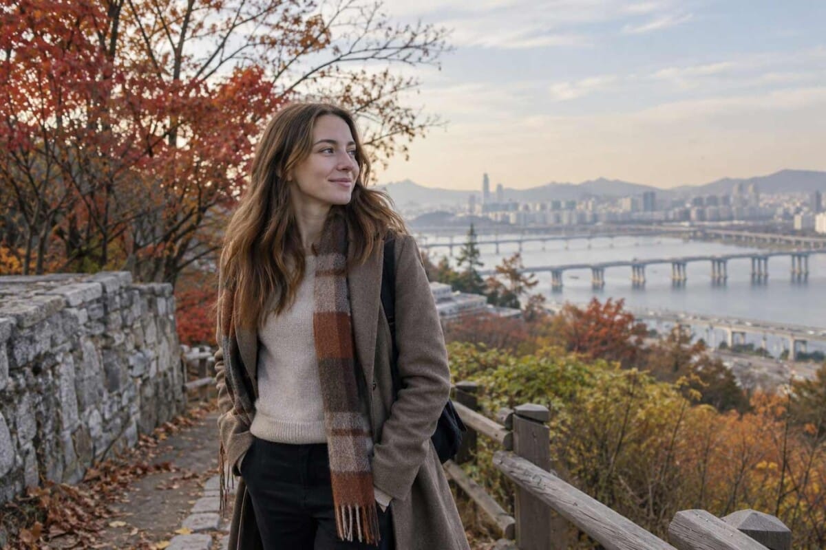 Traveler wearing a warm November coat and scarf in Seoul