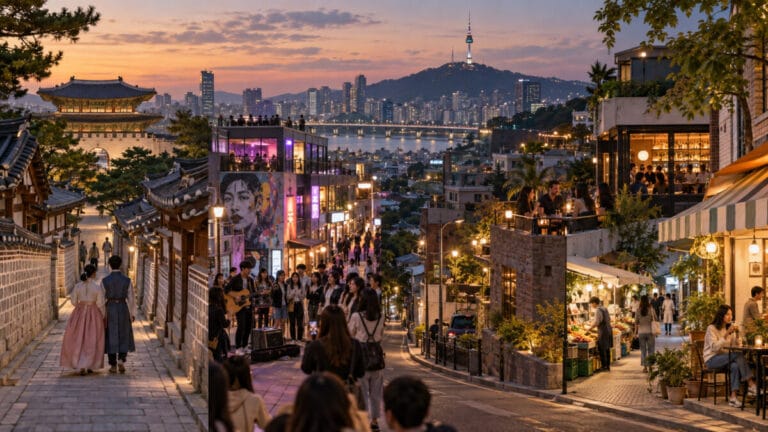 Illustrated Seoul neighborhood vibes from traditional streets to nightlife and local markets