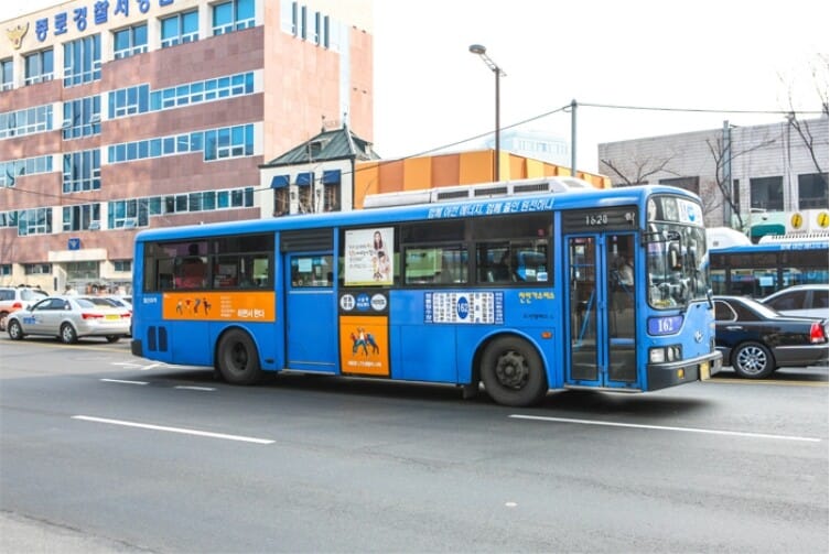 Blue Seoul city bus on a street in Seoul
