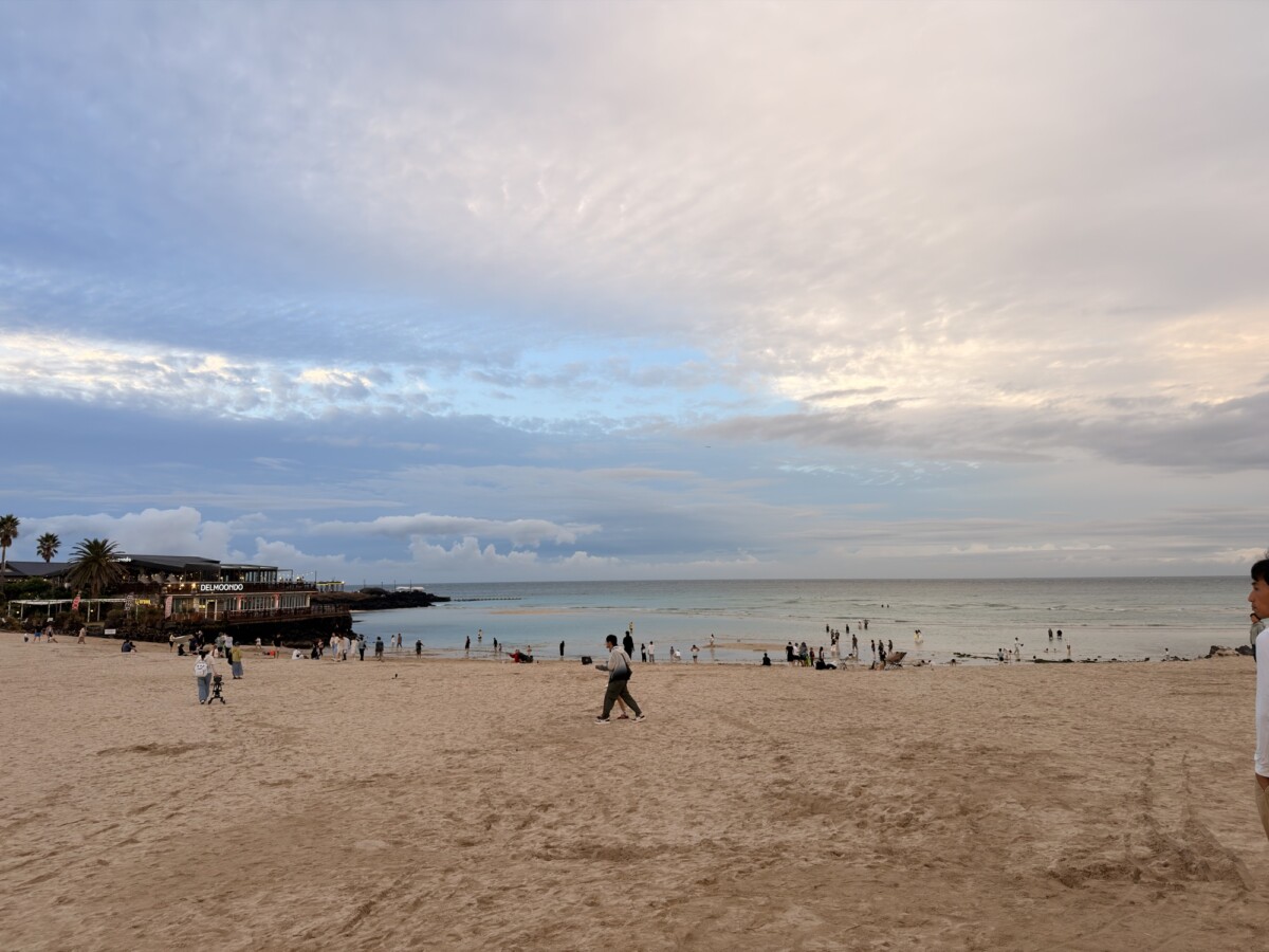 Wide evening view of Hamdeok Beach in Jeju