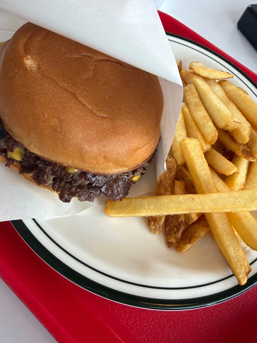 Close-up of a handmade burger and fries during my Jeju Island stay