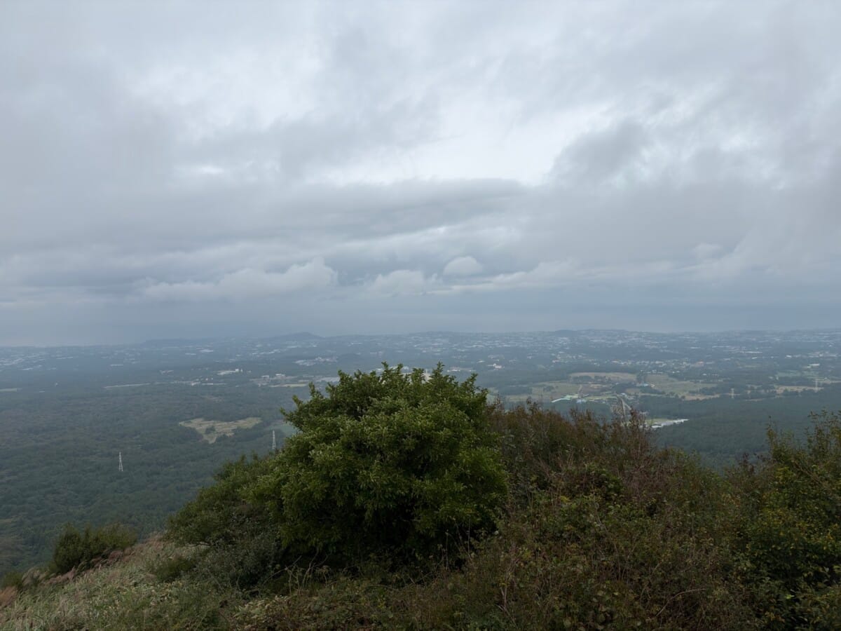 Cloudy summit view over inland Jeju from Nokkome Oreum